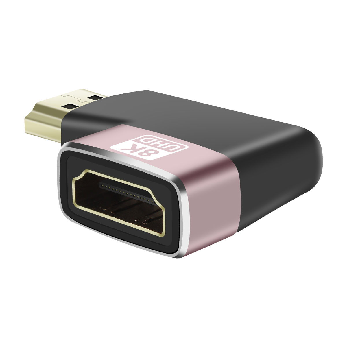 Un adattatore HDMI con un design nero e oro rosa. Ha un logo 8K UHD.