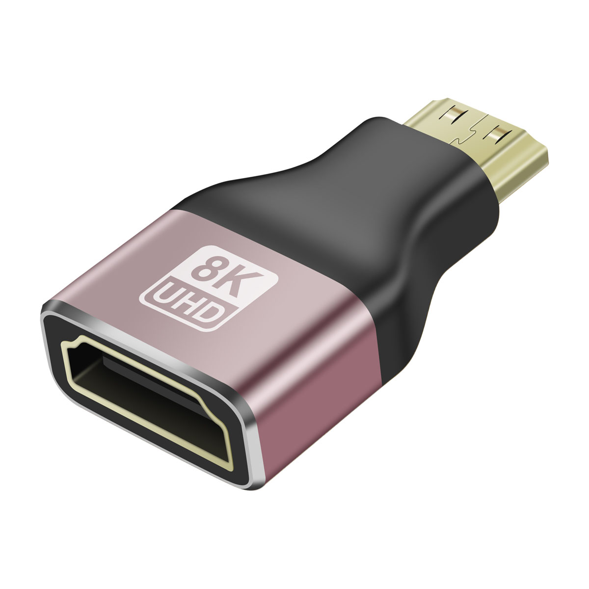 Un adattatore HDMI. Ha un corpo nero e oro rosa con il logo 8K UHD.