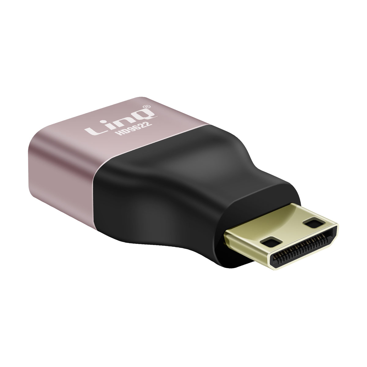 Un adattatore HDMI con corpo nero e oro rosa. Il marchio è 'Linq'.