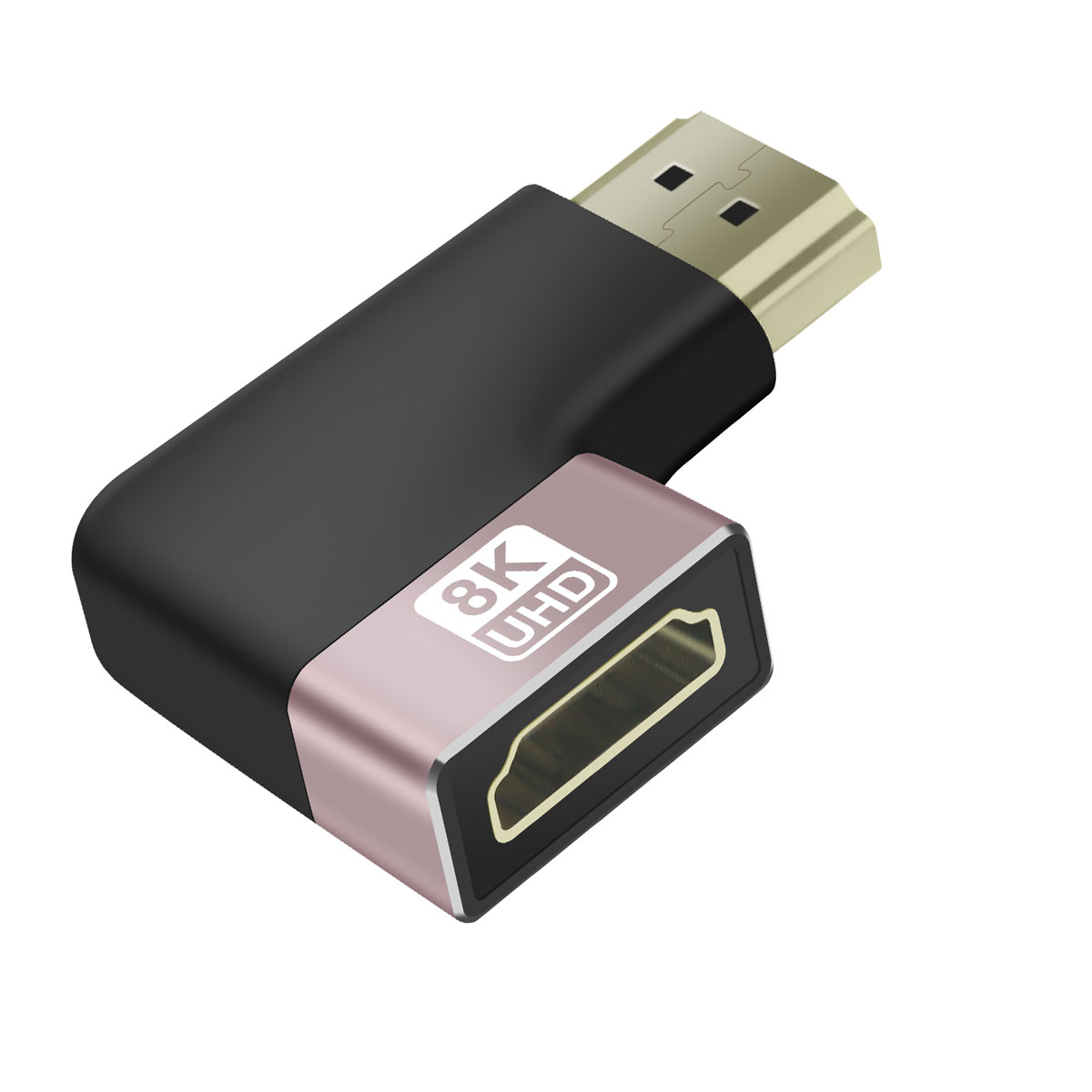 Un adattatore HDMI in nero e oro rosa. Ha un logo 8K UHD e un angolo di 90 gradi.