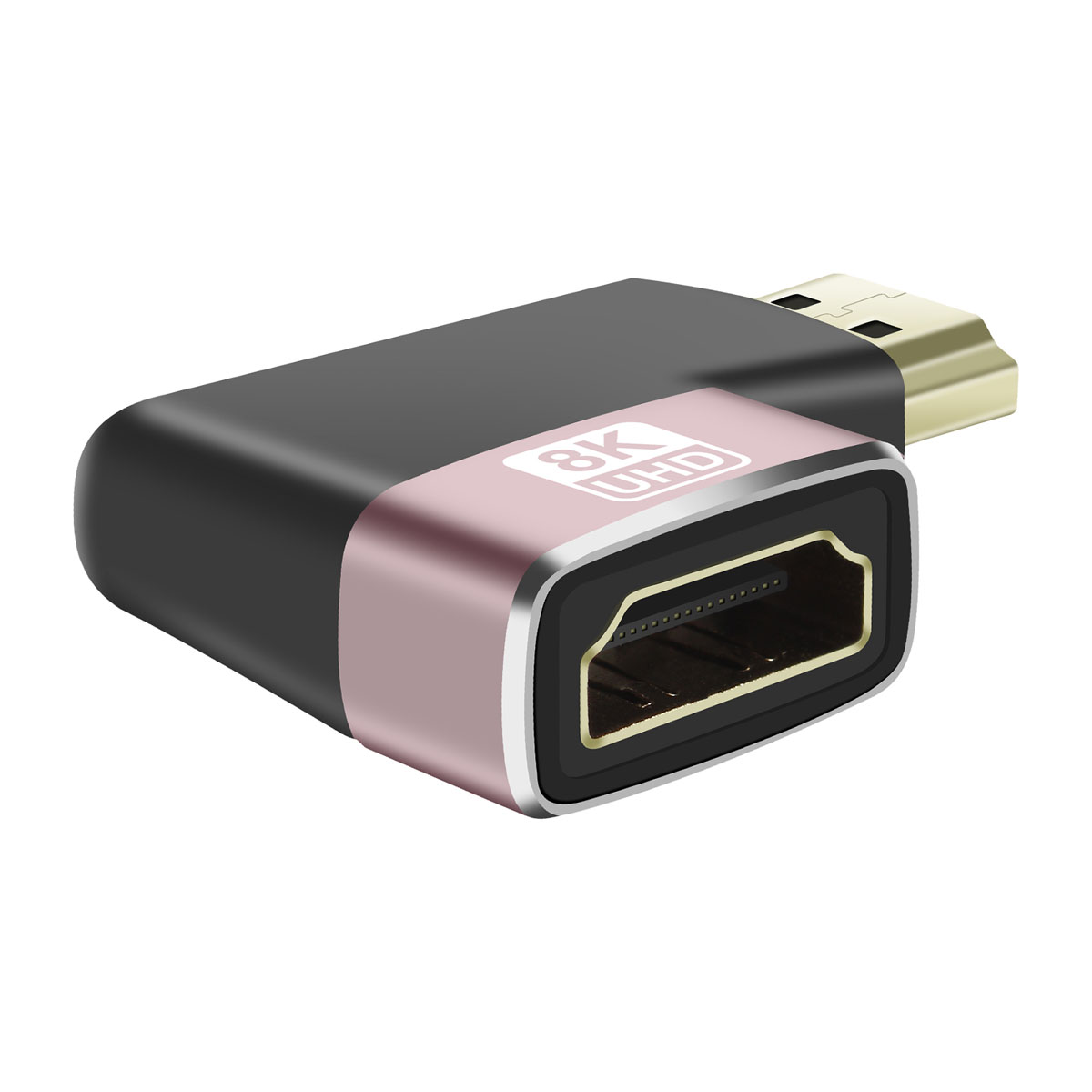 Un adattatore HDMI nei colori nero e oro rosa. L'adattatore ha un angolo di 90 gradi.