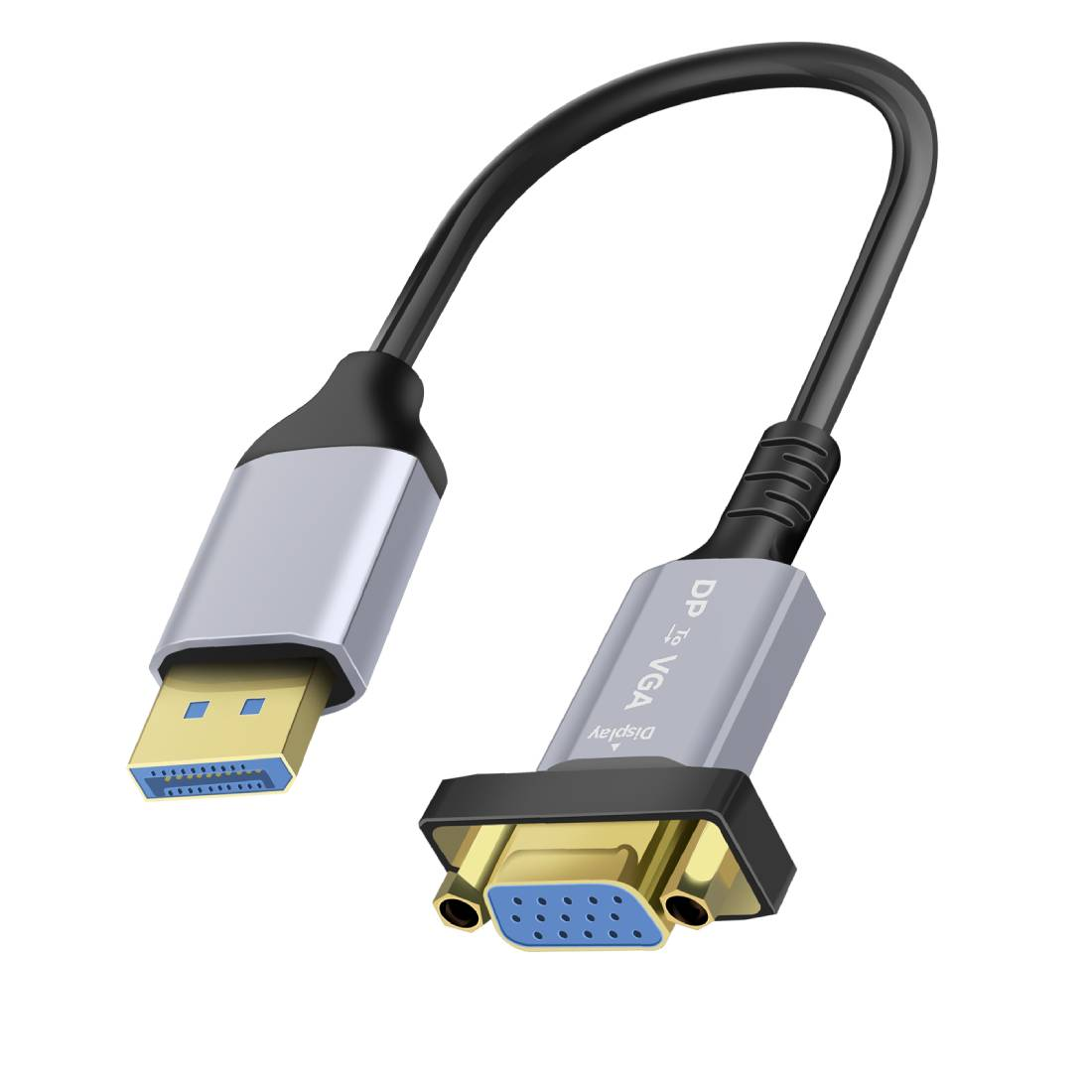 Un cavo adattatore da DP a VGA. È grigio e ha una porta VGA blu e una porta USB blu.