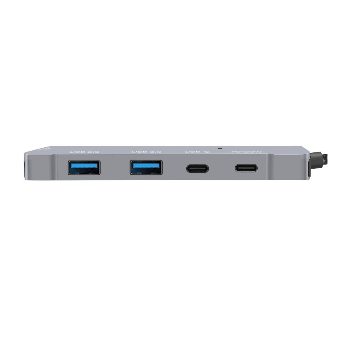 Un hub USB grigio con porte USB 2.0, 3.0, USB-C e PD100W. Ha un cavo nero.