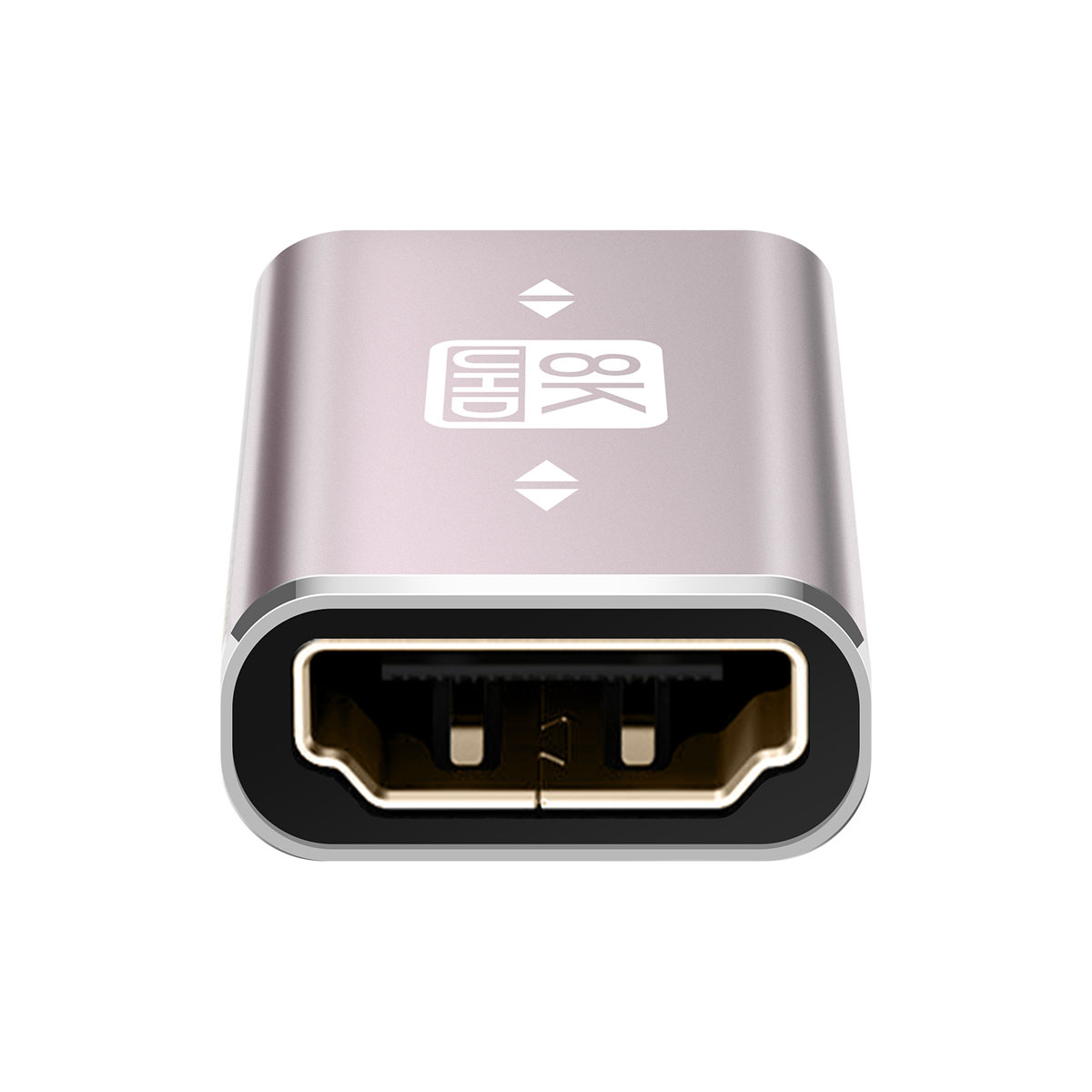 Un adattatore argento 8K UHD con connettore DisplayPort.