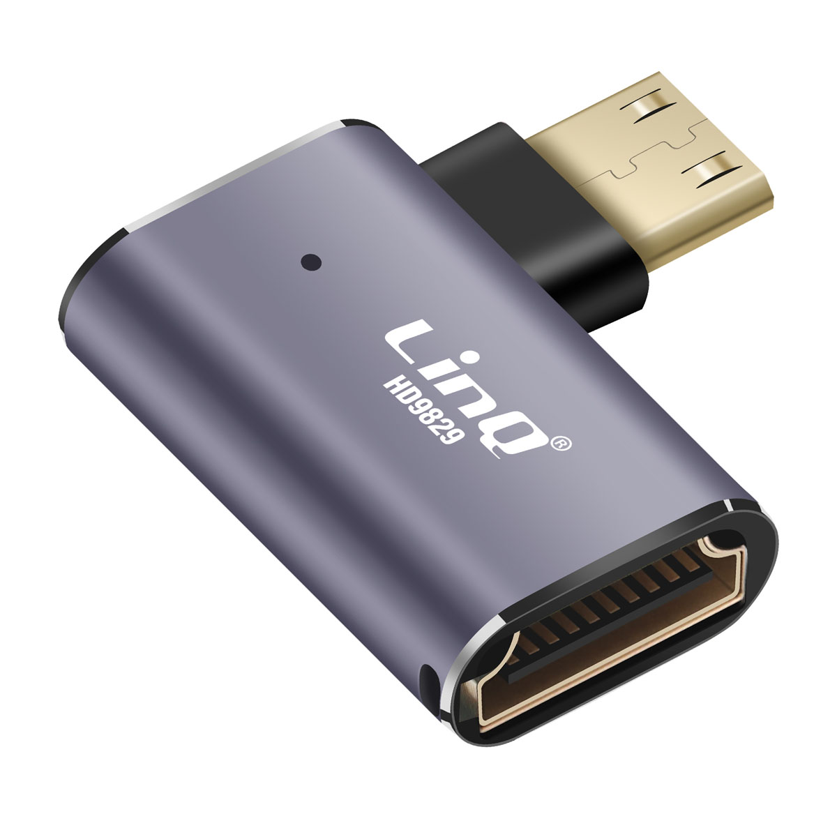 Un adattatore HDMI grigio con il marchio 'Linq'. Ha un angolo di 90 gradi e il testo HD9829.