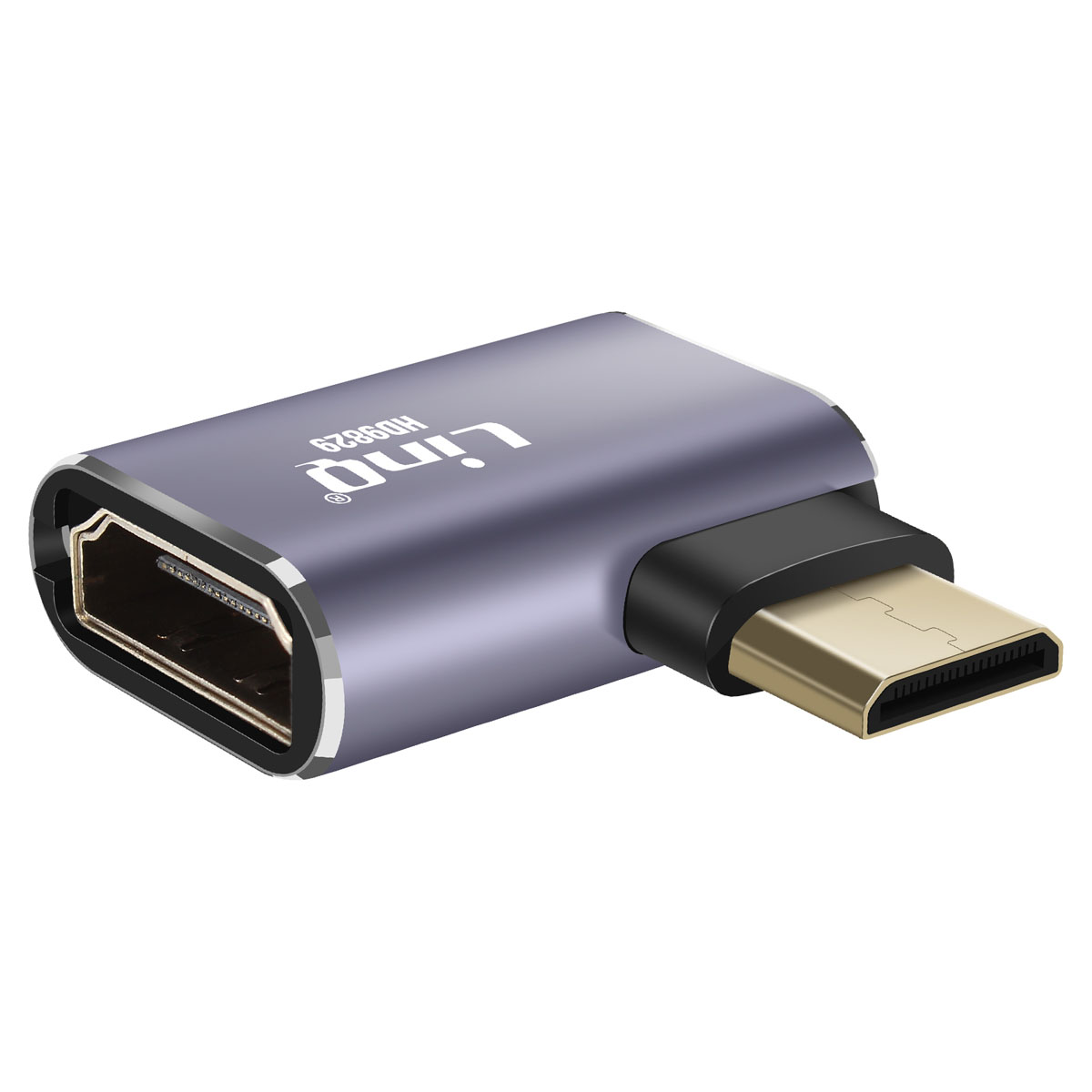 Un adattatore HDMI grigio con testo 'Linq' e HD9828. Ha un angolo di 90 gradi.