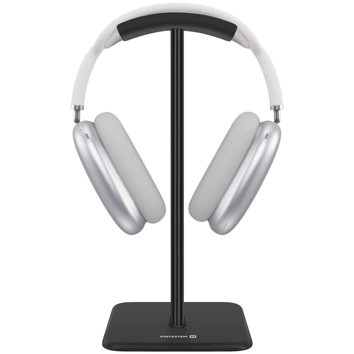Auriculares blancos y plateados sobre un soporte negro.