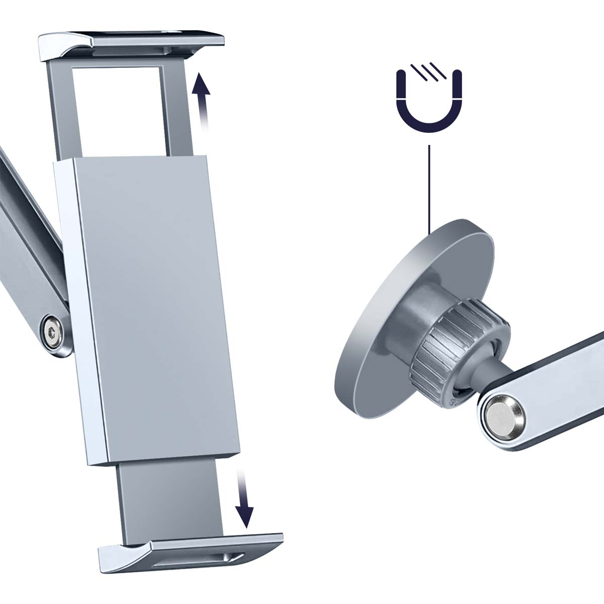 Silberner Tablethalter mit verstellbarem Arm und Magnetfuß.
