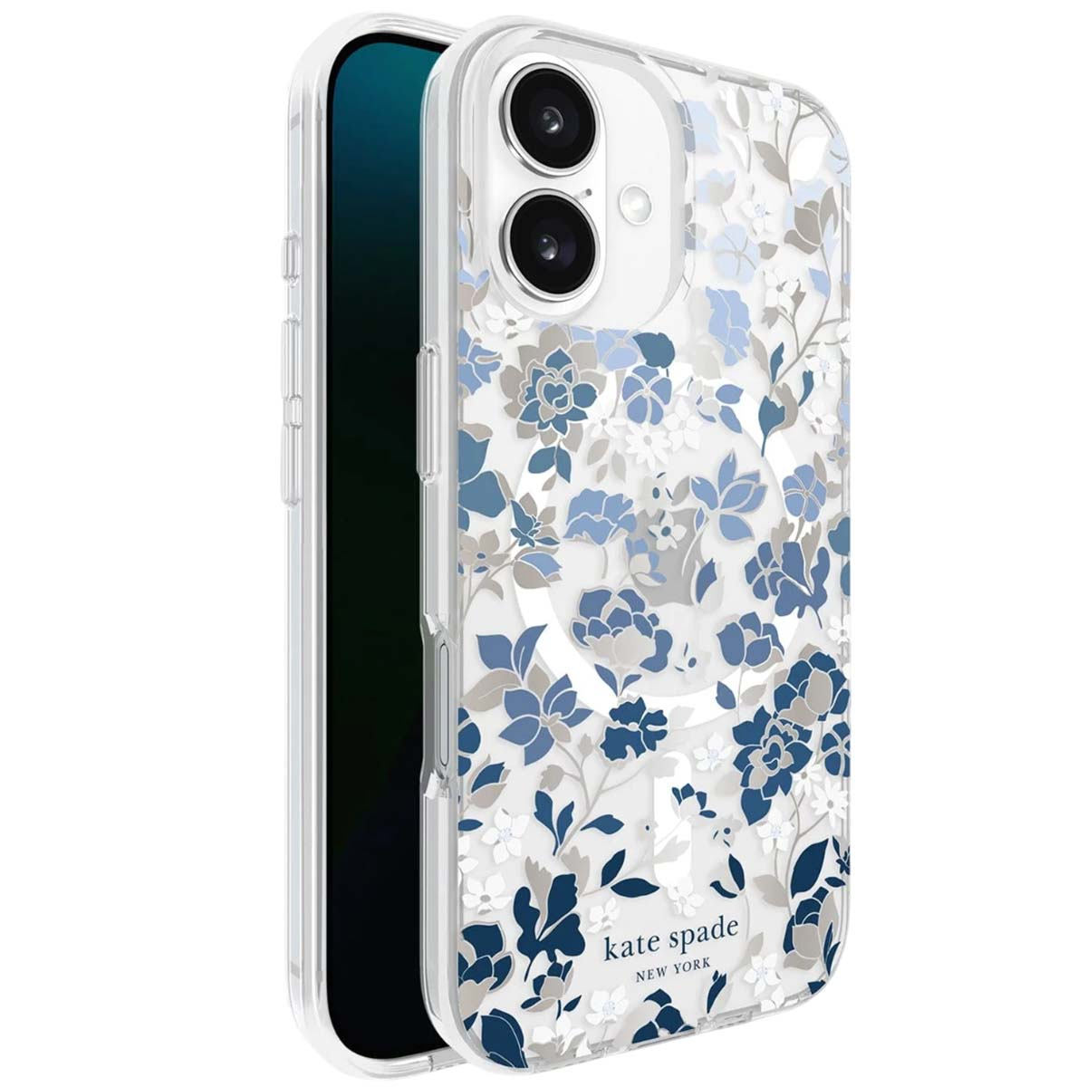 Custodia trasparente per telefono con design floreale su sfondo bianco.