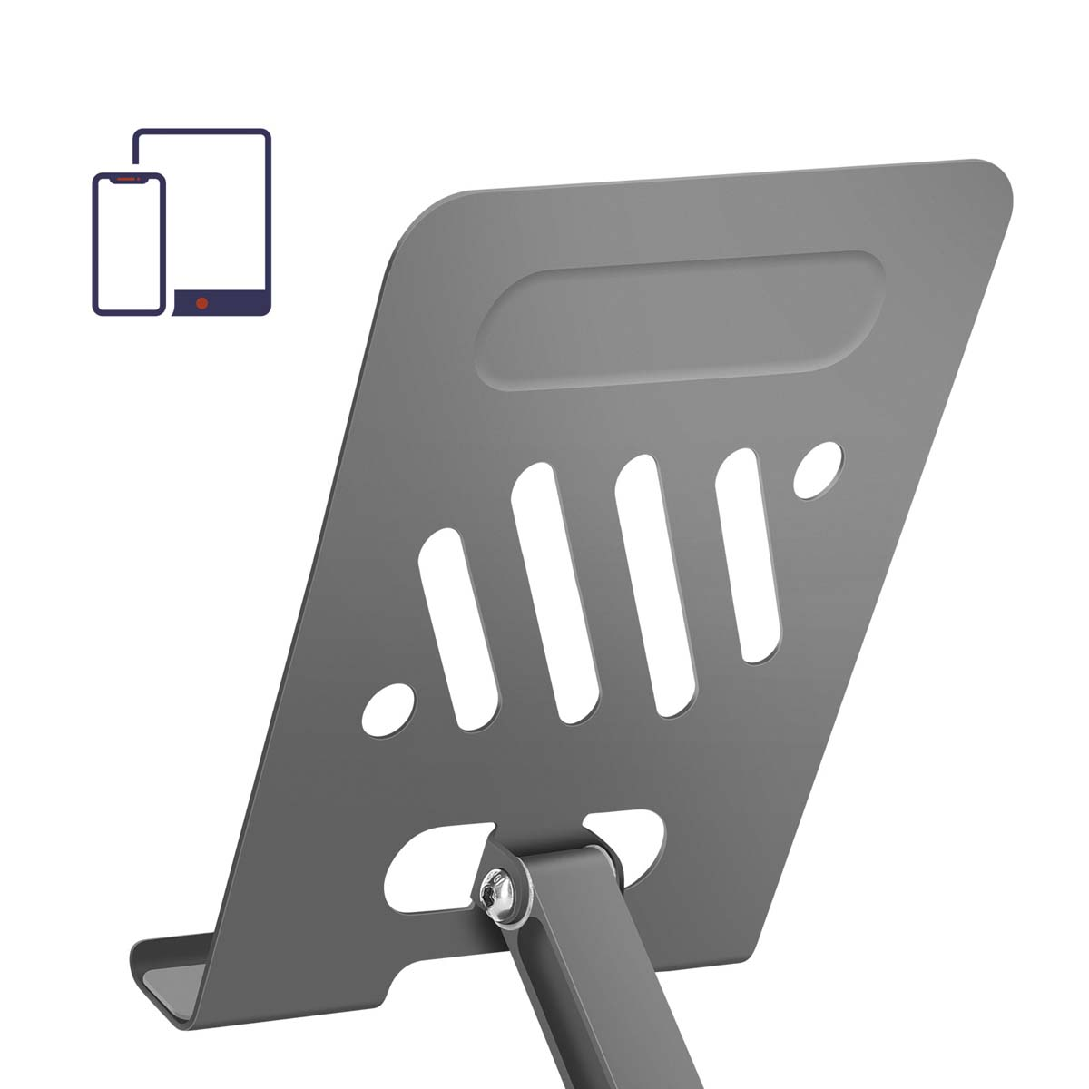 Grauer Tablettenständer mit Ausschnittdesign und einstellbarem Winkel.