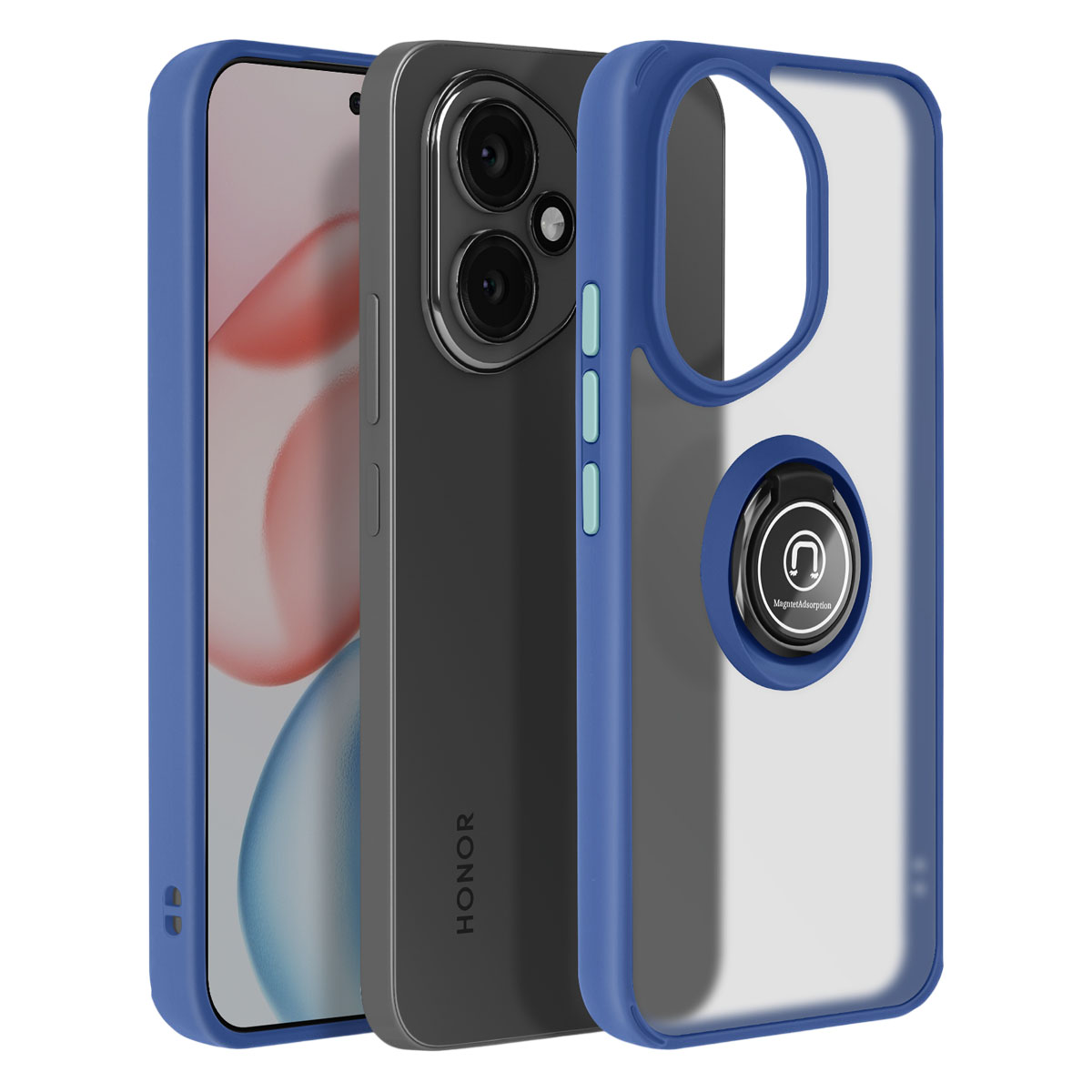 Drie telefoonhoesjes, twee blauwe, één zwarte, met een telefoon. De woorden 'HONOR' zijn zichtbaar op de telefoon.