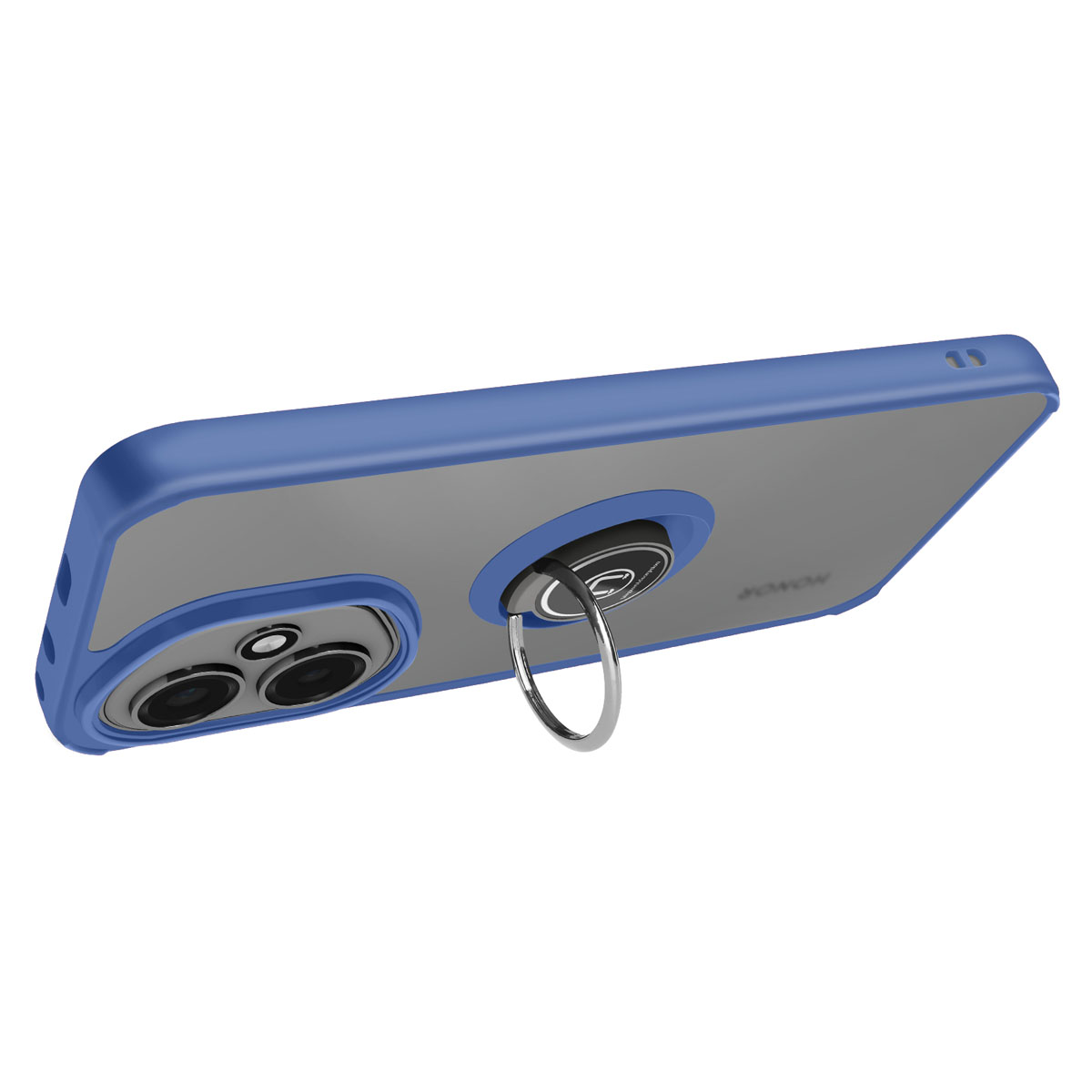 Een blauw-grijze telefoonhoes met een ringhouder. De telefoon is gekanteld.