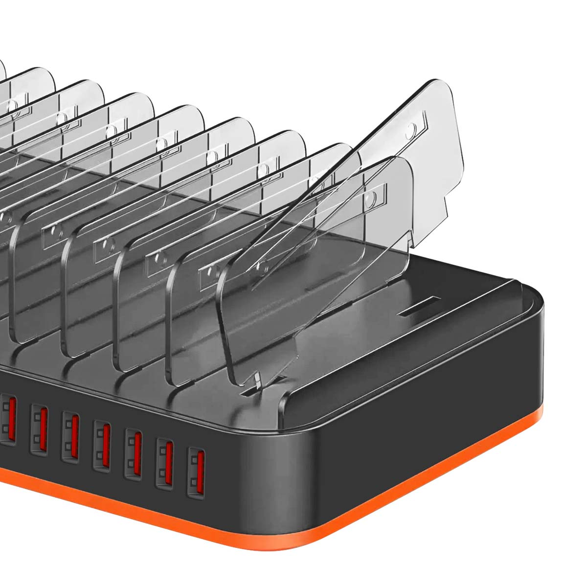 Schwarze und orangefarbene Ladestation mit transparenten Trennwänden. USB-Anschlüsse sind sichtbar. Eine Trennwand ist geöffnet.