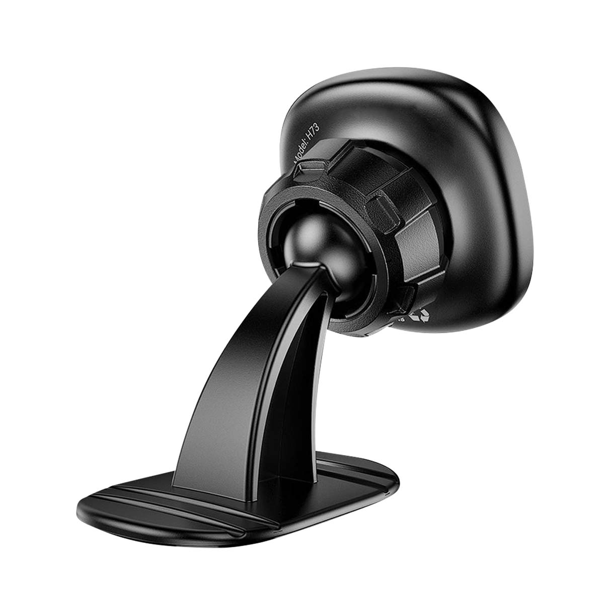 Un supporto per telefono nero con il marchio 'Model H73' visibile, angolato su sfondo bianco.