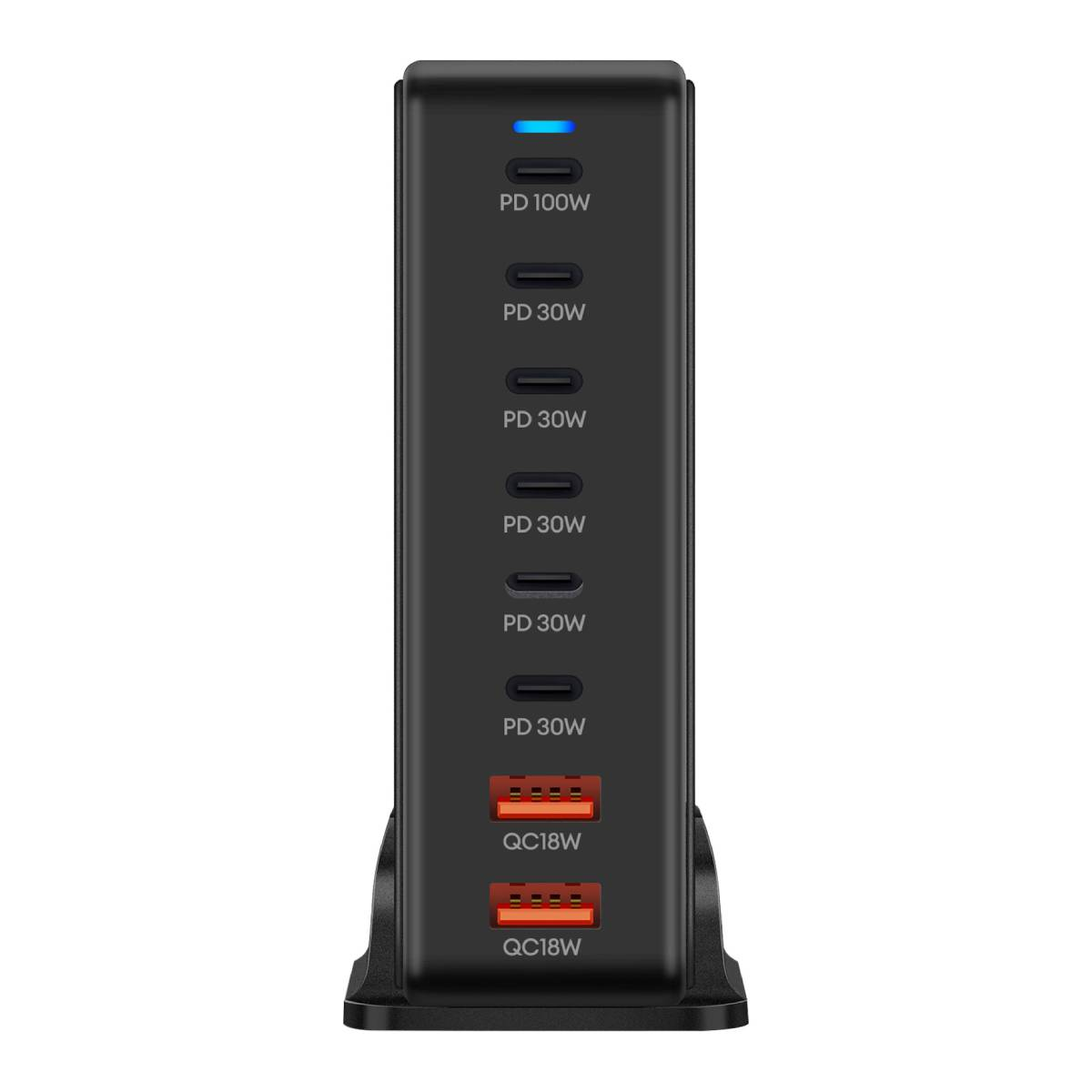 Eine schwarze Ladestation mit mehreren USB-Anschlüssen. Etiketten zeigen die Leistung.