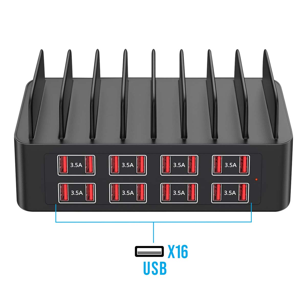 Schwarze Ladestation mit 16 USB-Anschlüssen. Die Oberseite hat Trennwände. Anschlüsse sind mit 3,5A beschriftet.