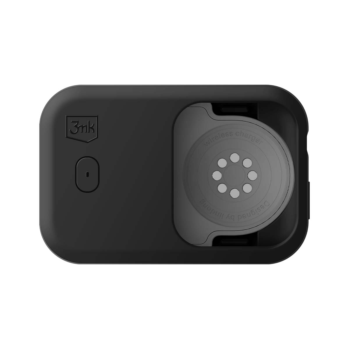 Czarna ładowarka bezprzewodowa z okrągłym obszarem ładowania. Powierzchnia ma małe okrągłe wgłębienia.