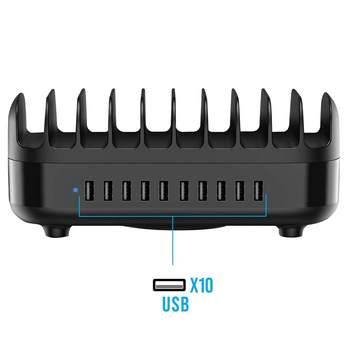 Schwarze Ladestation mit 10 USB-Anschlüssen. Die Oberseite hat Trennwände. Unter den Anschlüssen steht "USB X10".