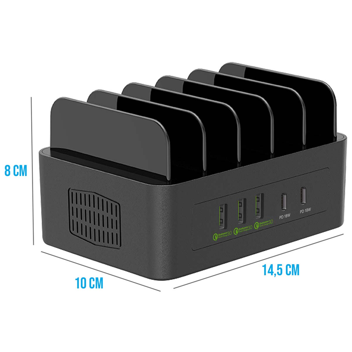 Schwarze Ladestation mit mehreren Steckplätzen und Anschlüssen. Maße sind 10x14,5x8 cm. Hat PD- und Quick Charge Anschlüsse.