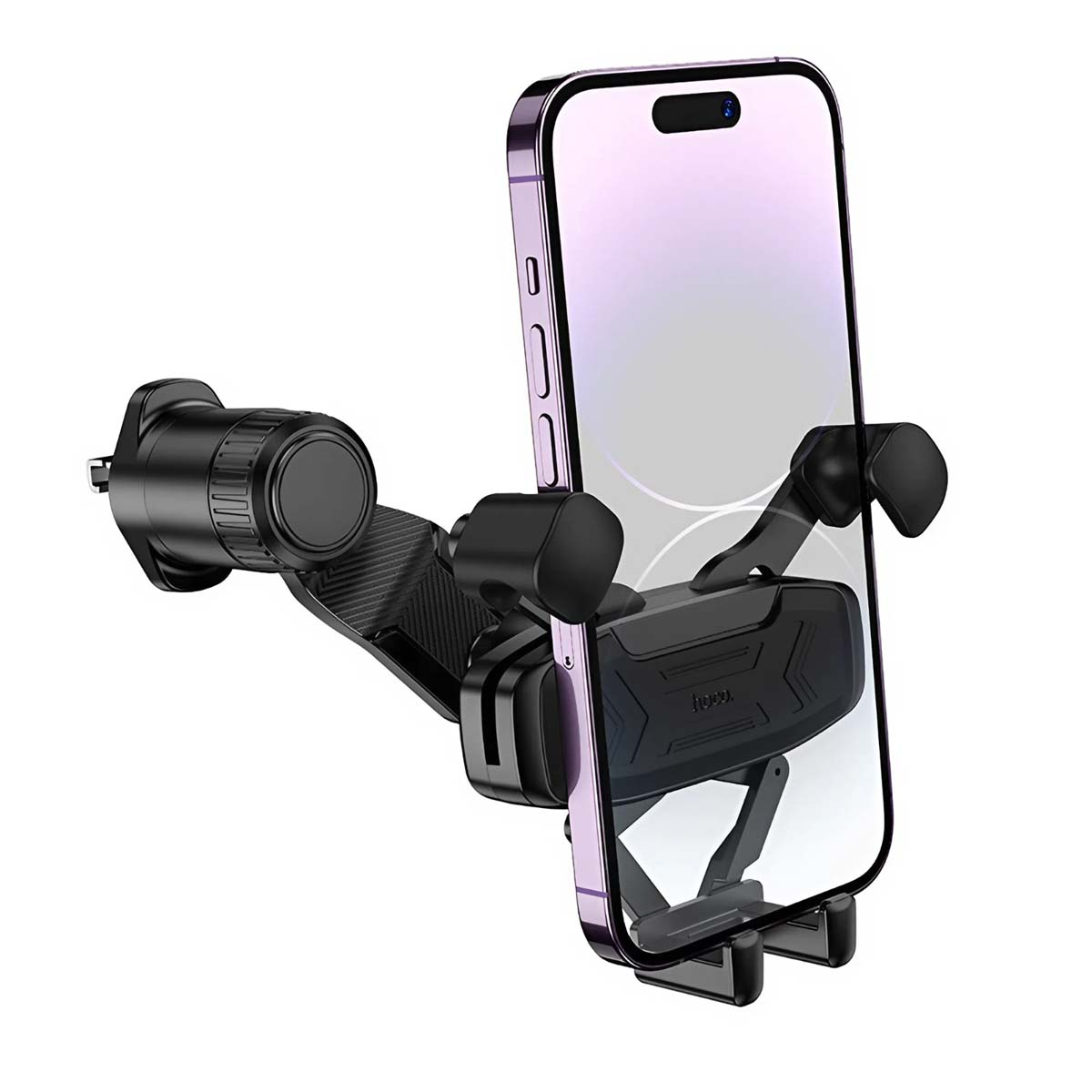 Supporto per auto che tiene uno smartphone viola. Supporto nero con bracci regolabili e ventosa per il montaggio.