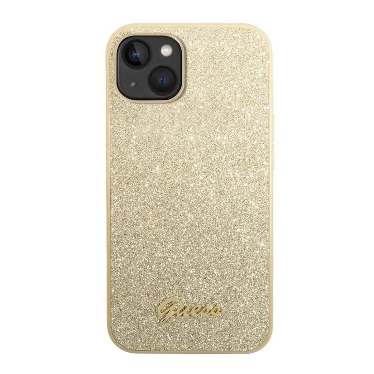 Custodia per telefono glitterata oro con logo Guess. È una custodia con superficie glitterata, il logo Guess è in basso.