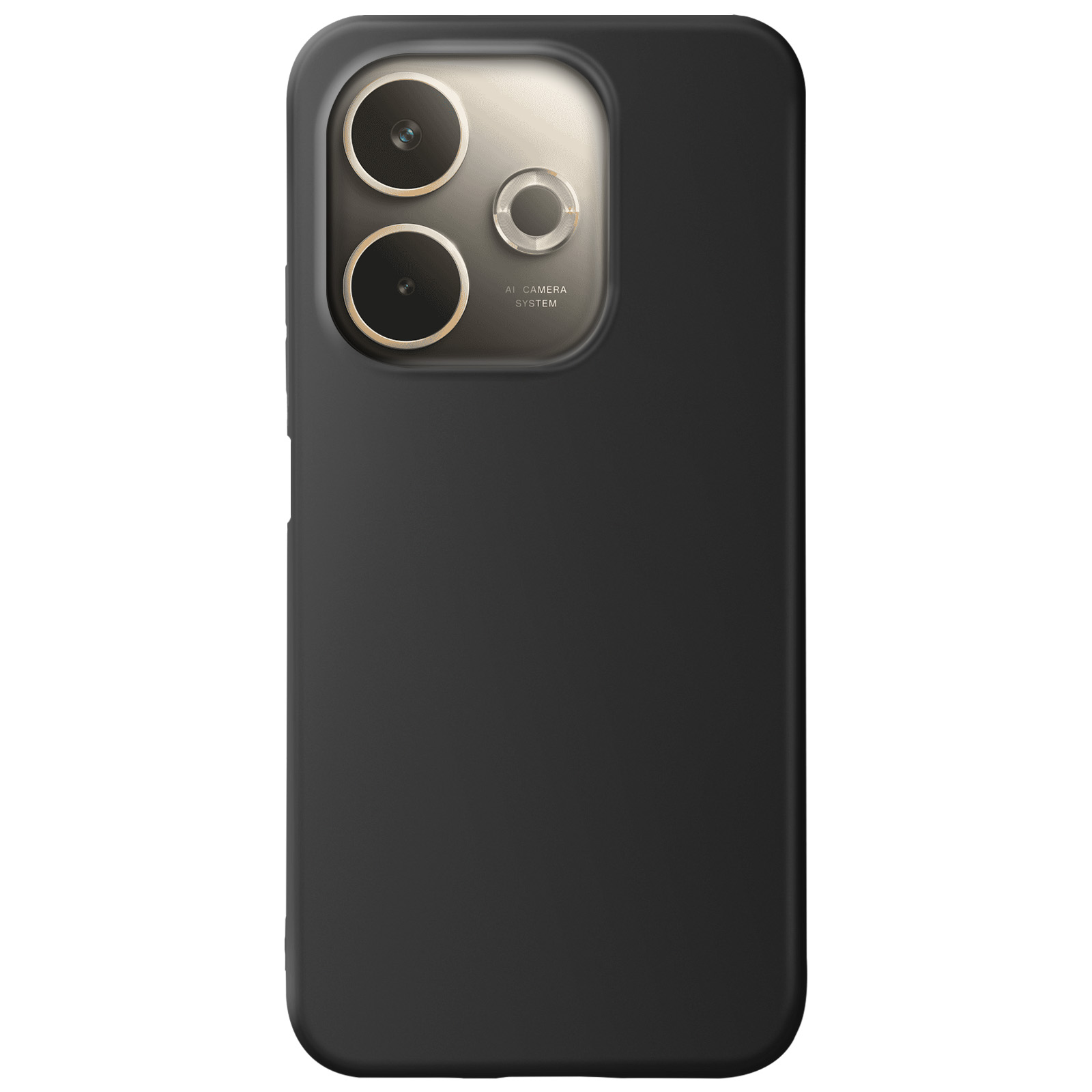 Custodia nera per telefono con modulo fotocamera, tre lenti. La custodia ha una finitura lucida.