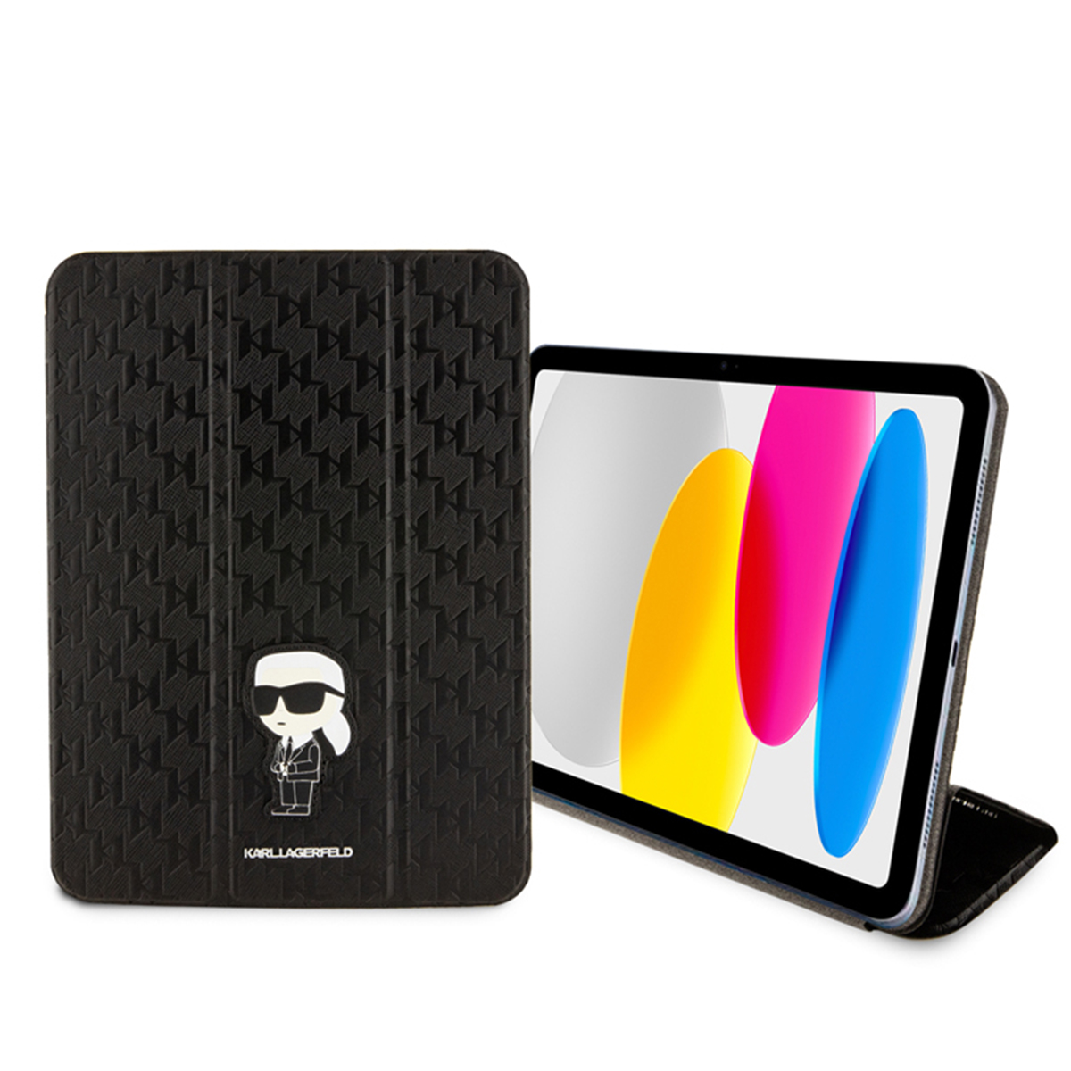 Funda negra para iPad con diseño de Karl Lagerfeld. Un iPad se muestra abierto al lado.
