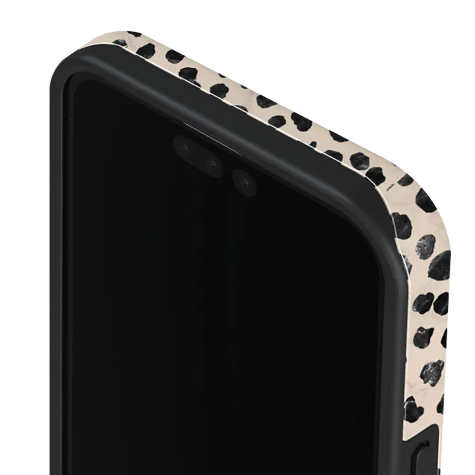 Primo piano di una custodia per telefono con motivo dalmata. Lo schermo del telefono è nero.