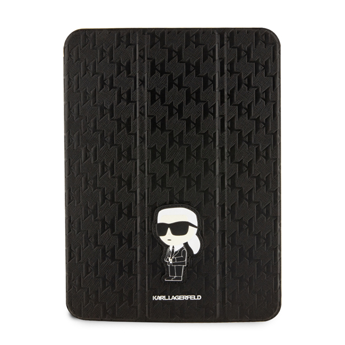 Custodia iPad nera con design Karl Lagerfeld. La custodia è chiusa.