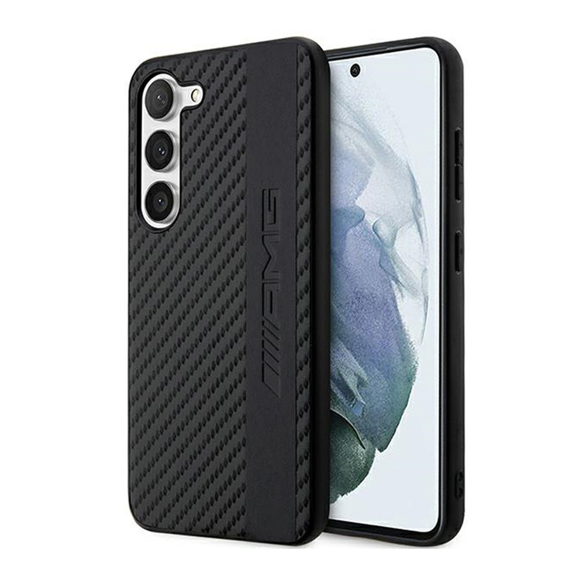 Custodia per telefono nera con testo AMG. Un telefono è visibile a destra. Custodia nera e strutturata.