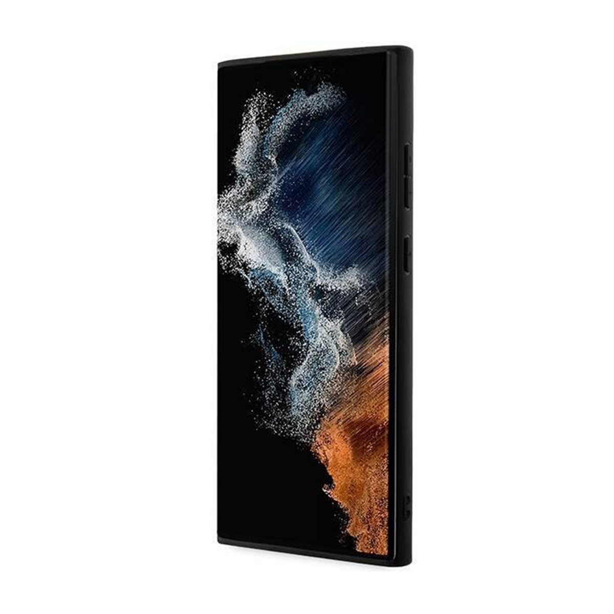 Schwarzes Telefon, das einen farbenfrohen Bildschirm anzeigt. Das Telefon ist in einer Hülle.