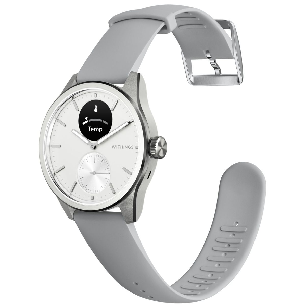 Silberne Uhr mit grauem Armband. Hat einen kleinen Bildschirm, der die Temperatur anzeigt. Es hat einen Silberknopf.