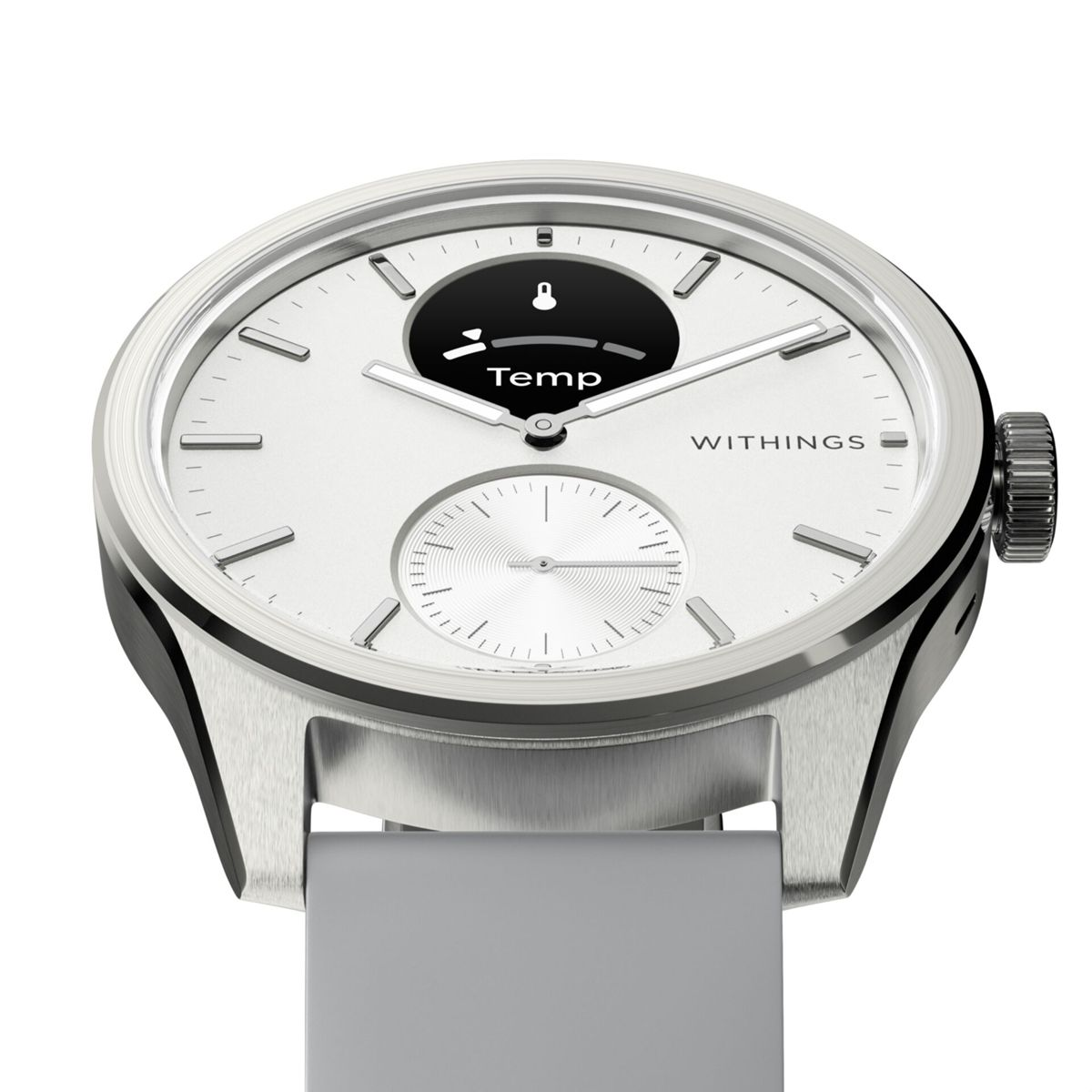 Nahaufnahme einer silbernen Uhr mit grauem Armband. Der Uhrenbildschirm zeigt eine Temperaturmessung. Marke Withings.