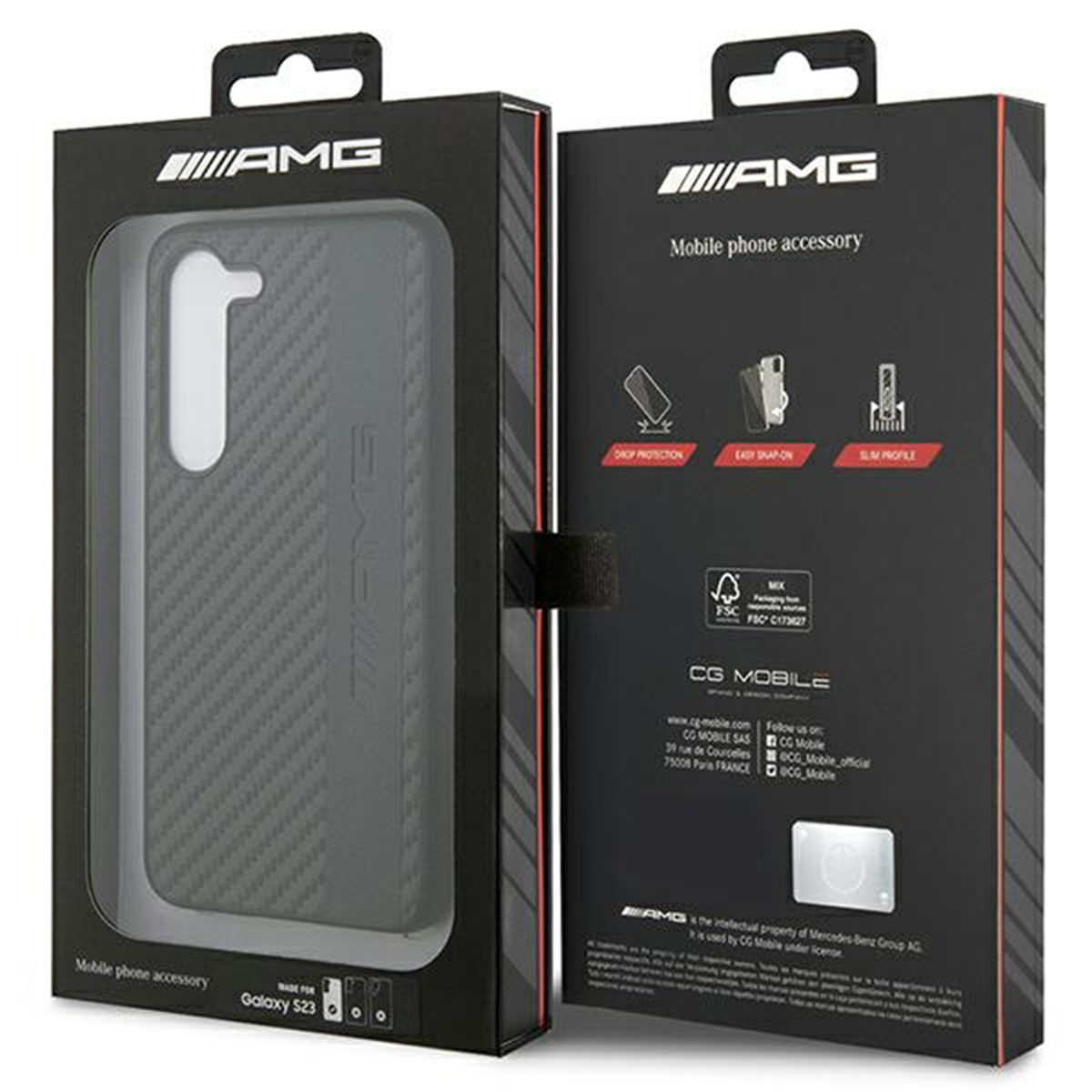Confezione della custodia del telefono con logo AMG. La custodia è visibile all'interno di una scatola nera.