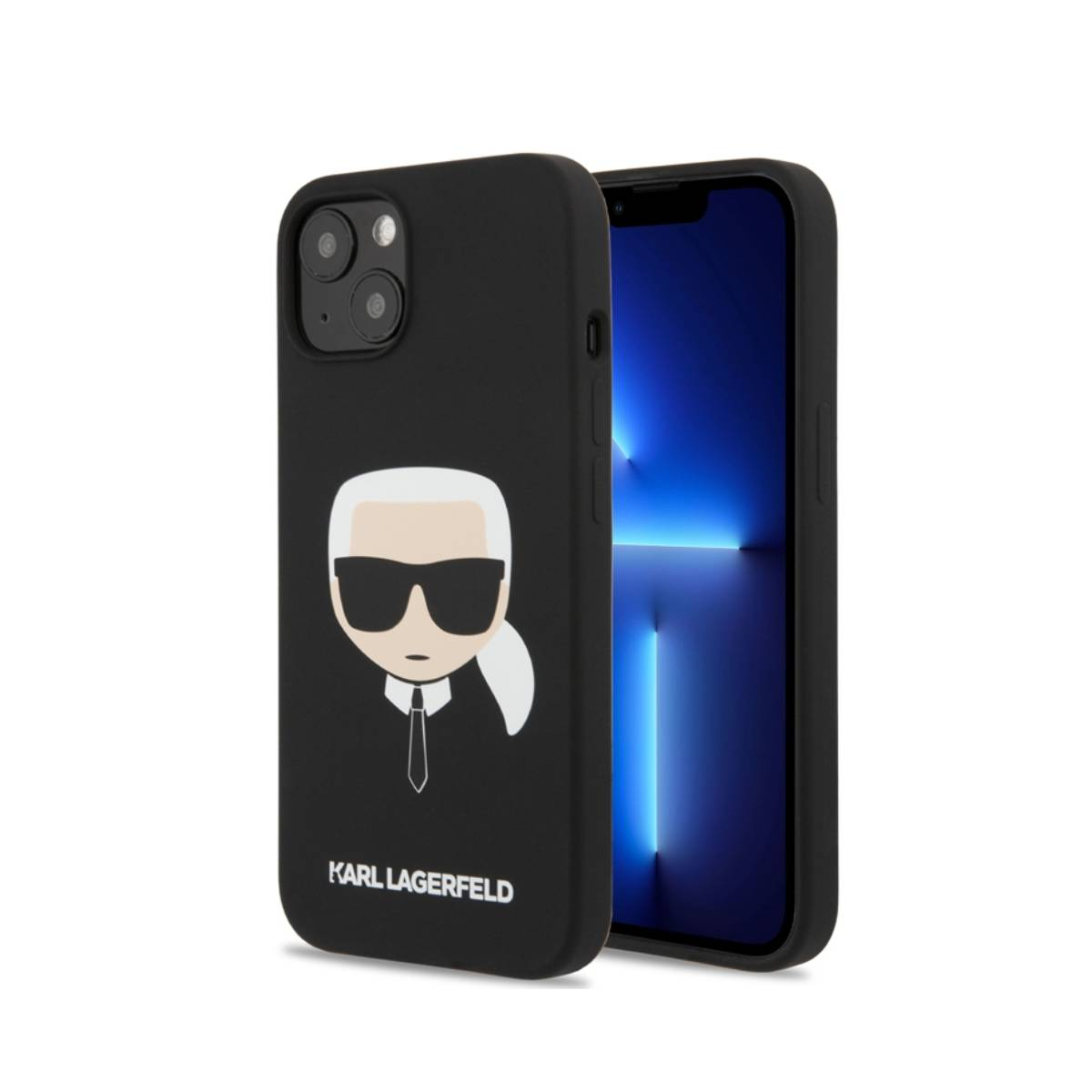 Custodia per telefono nera con un design Karl Lagerfeld. Il telefono è visibile a destra. Nero.
