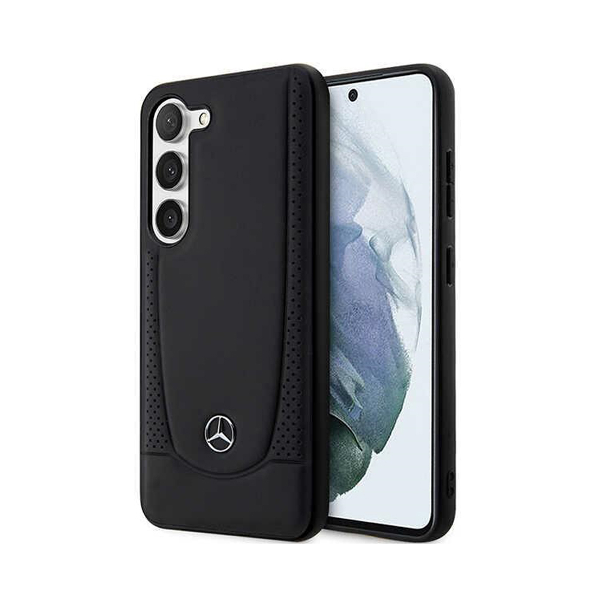 Custodia per telefono nera con logo Mercedes e telefono nero. La custodia copre il telefono.