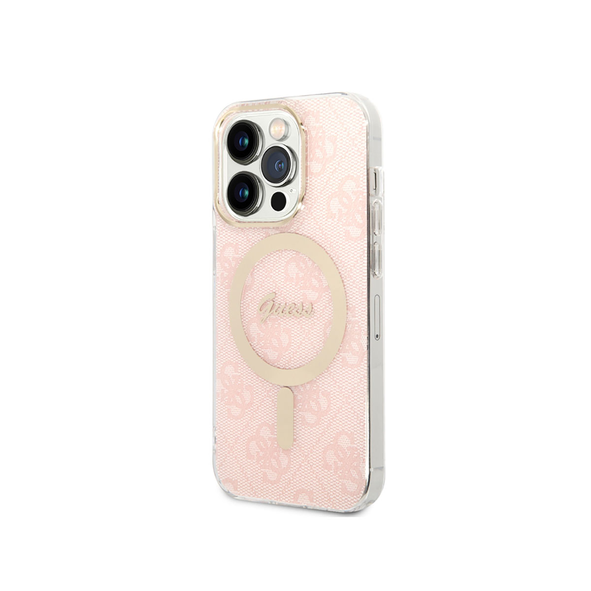 Custodia per telefono rosa e trasparente con logo Guess. La custodia ha una fotocamera.