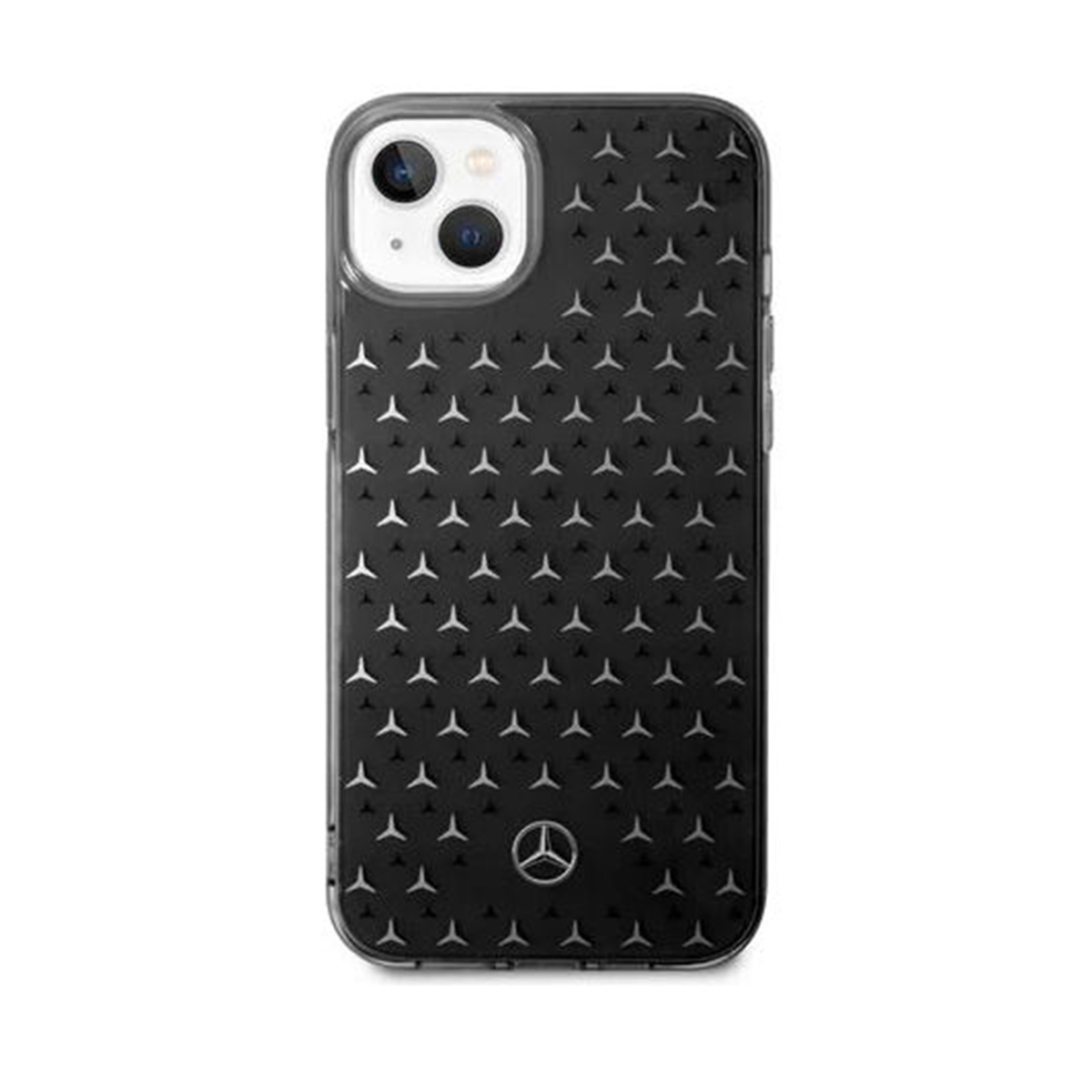 Custodia per telefono nera con motivo a logo Mercedes. La custodia ha una fotocamera.