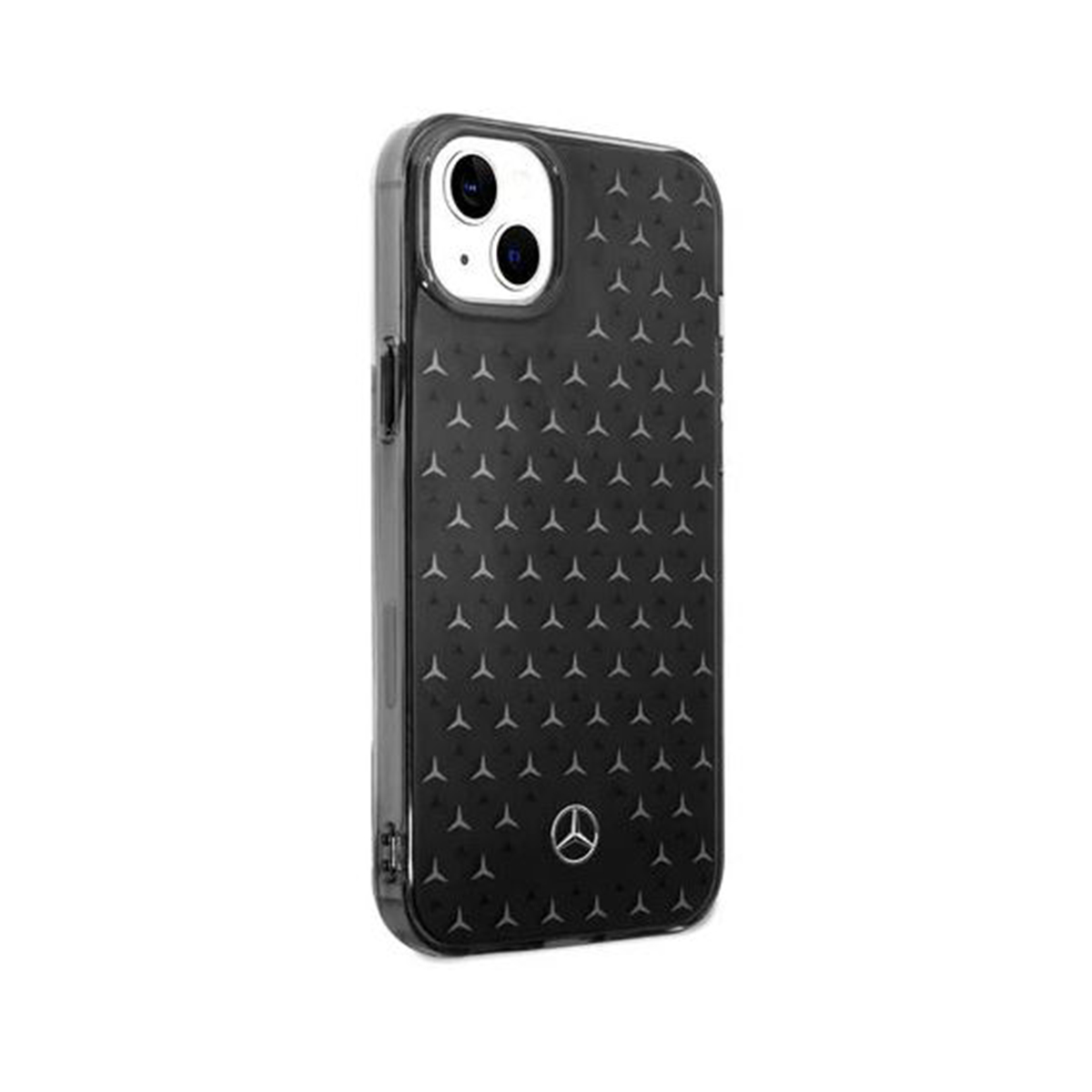 Custodia per telefono nera con motivo a logo Mercedes e un telefono. La custodia copre il telefono.