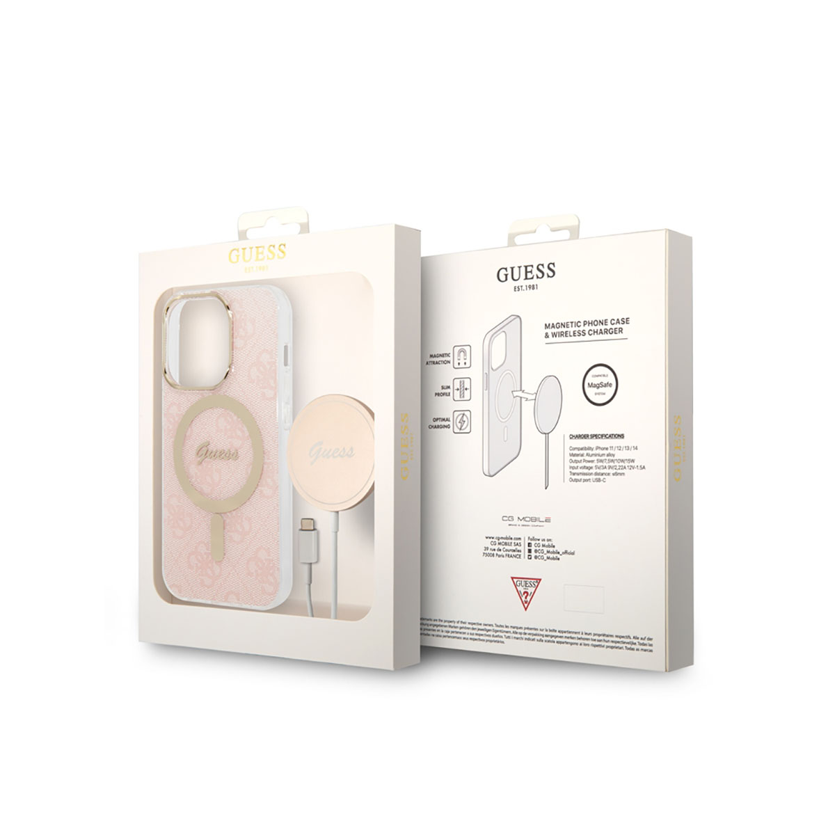 Scatola bianca e rosa con custodia Guess, caricabatterie e ricarica wireless. La scatola ha il logo Guess.