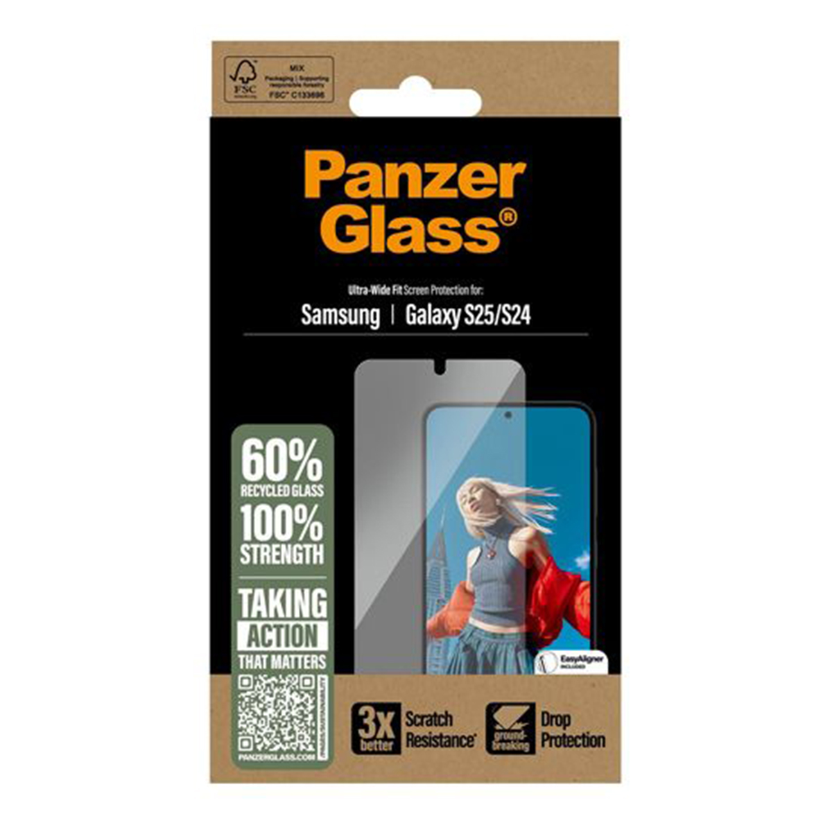 PanzerGlass ekran koruyucu ambalajı. Kadın ve telefon gösteriyor. Metin: Ultra-Wide Fit, %60 geri dönüştürülmüş cam.