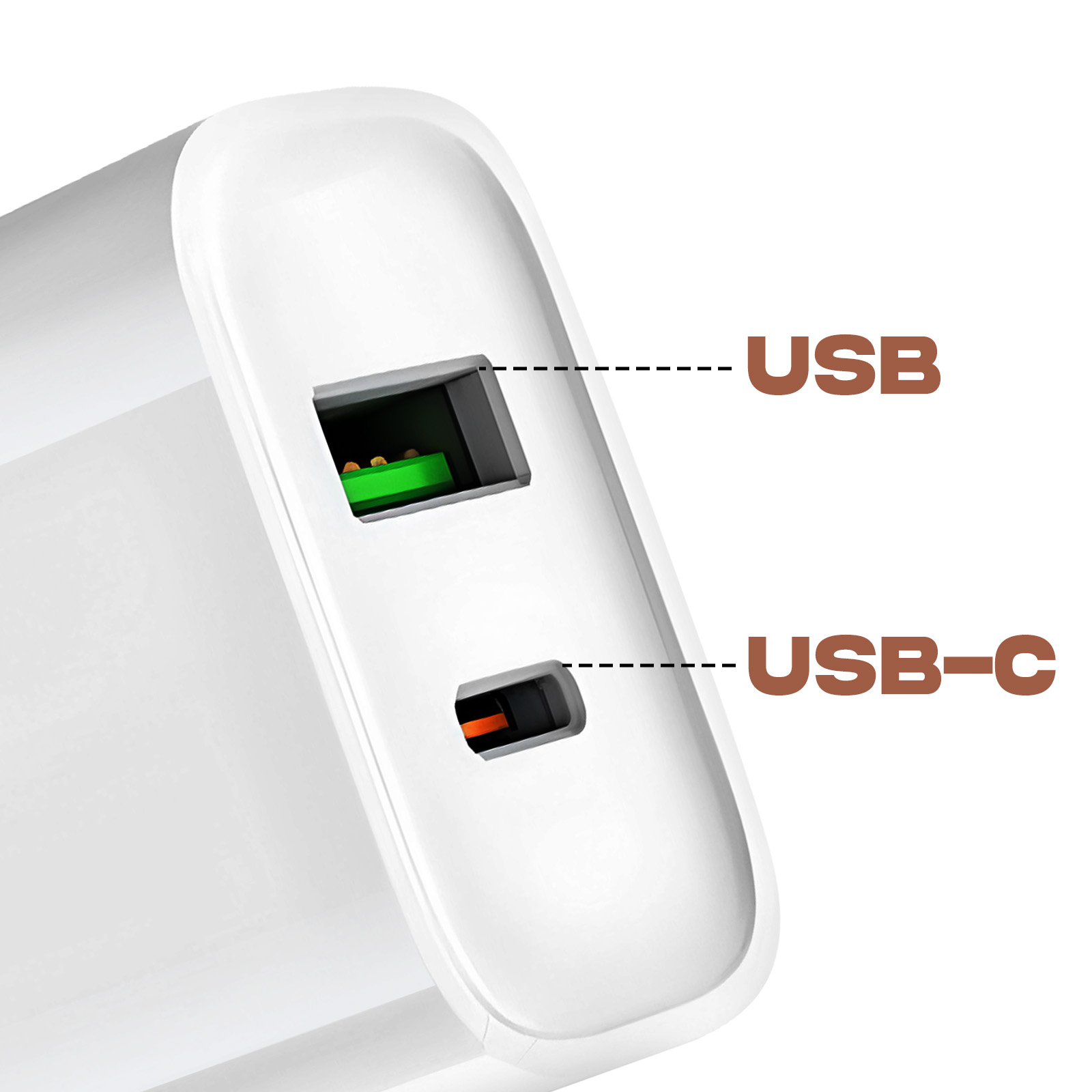 Weißes Ladegerät mit USB- und USB-C-Anschlüssen. Der USB-C-Anschluss ist orange, der USB-Anschluss grün.
