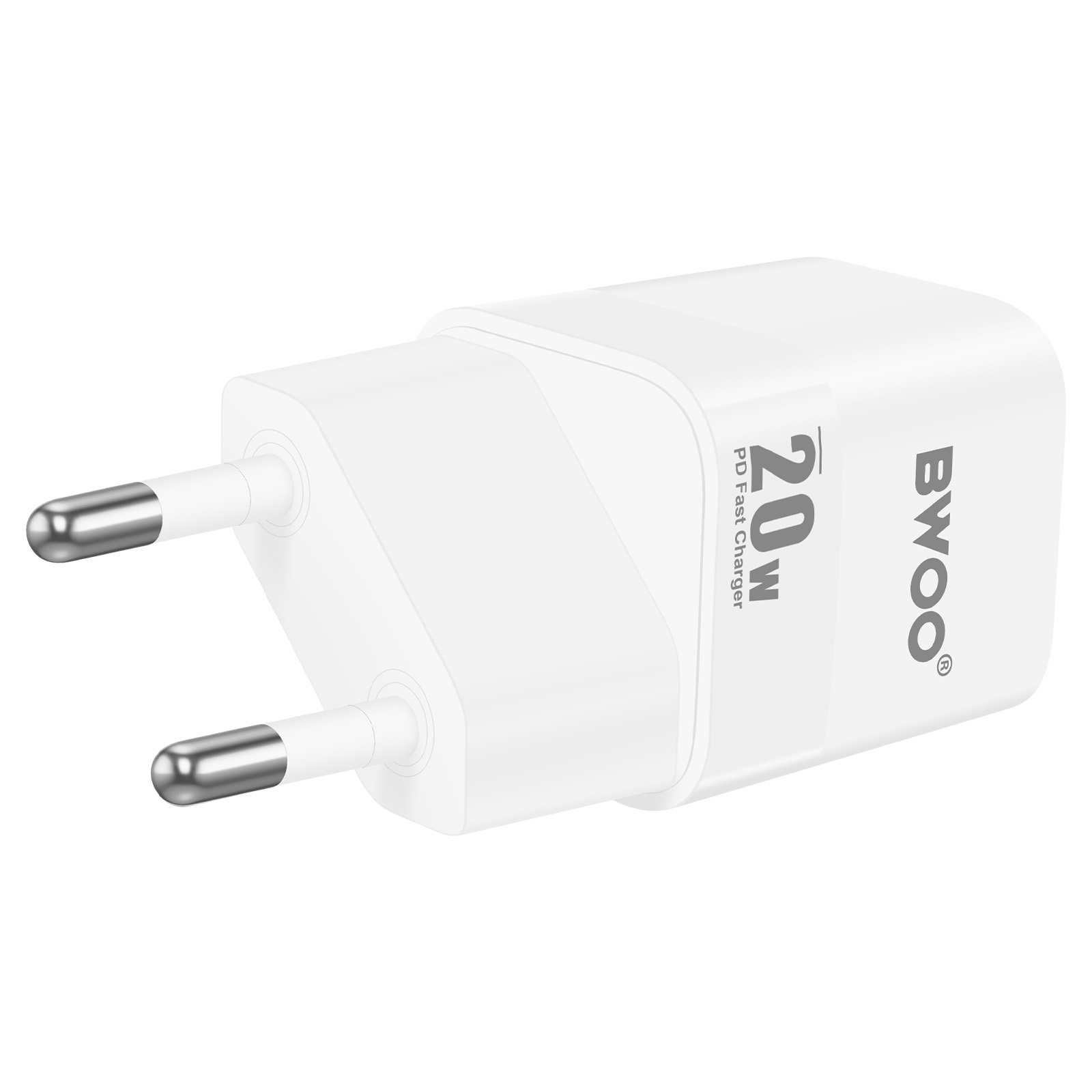 Caricatore rapido PD da 20W bianco con due spine. Testo: Caricatore rapido PD da 20W, logo BWOO.