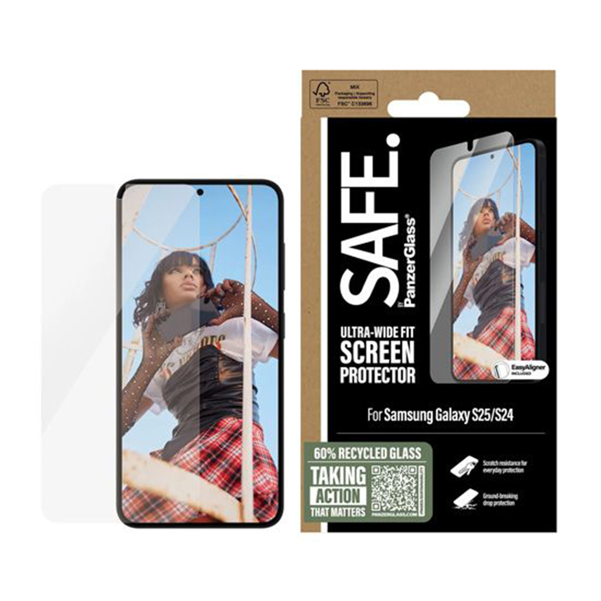 Confezione e telefono con protezione schermo. La confezione mostra una donna e testo: SAFE. Ultra-Wide Fit.