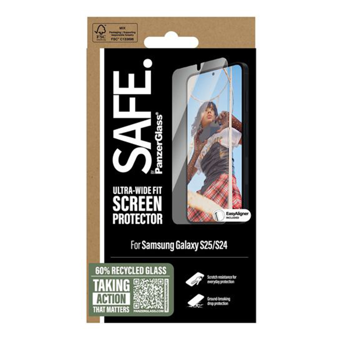 Confezione PanzerGlass. Mostra una donna e un telefono. Testo: SAFE. Protezione schermo Ultra-Wide Fit, 60% vetro riciclato.