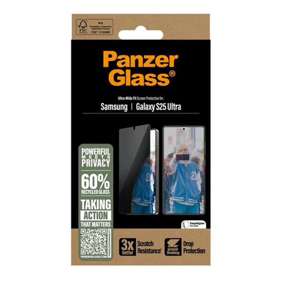 Emballage PanzerGlass. Montre femme et téléphone. Texte: Powerful meets Privacy. Ultra-Wide Fit, 60% verre recyclé.