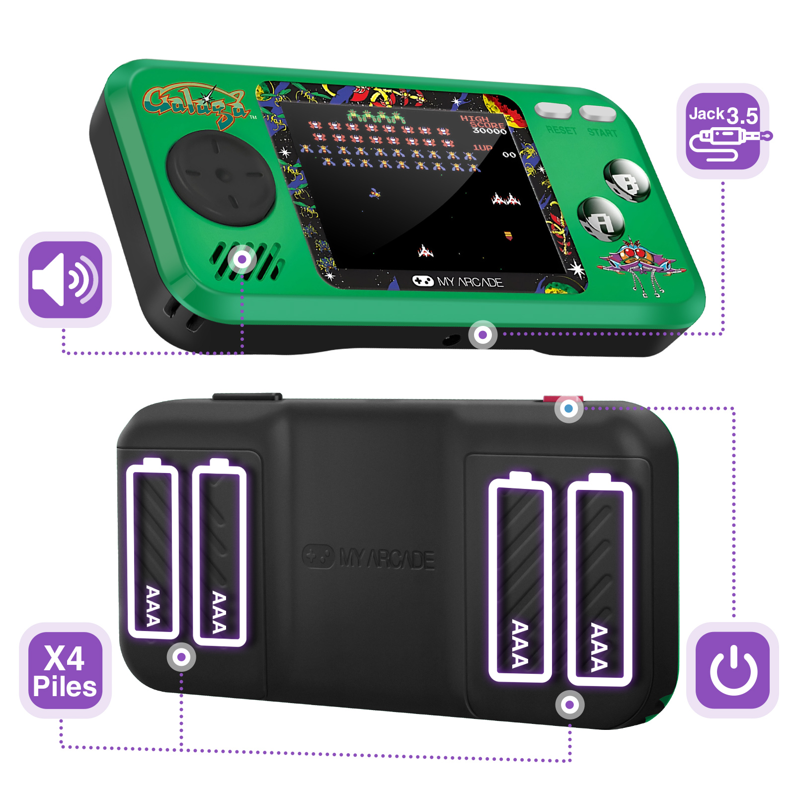 Console di gioco retrò verde. Mostra la parte posteriore e inferiore con i dettagli della batteria. Ha un altoparlante e un pulsante di accensione.