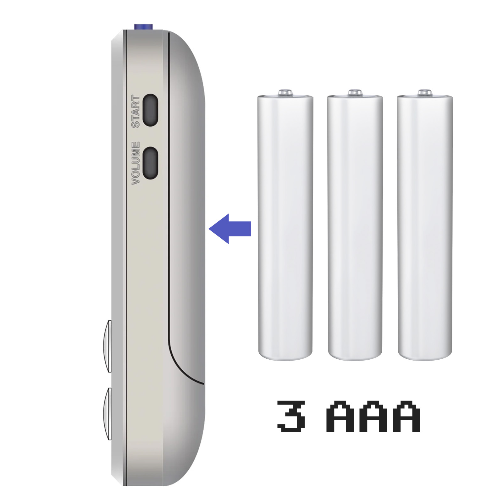Seitenansicht einer Handheld-Spielkonsole mit 3 AAA-Batterien. Die Konsole hat Lautstärke- und Starttasten.