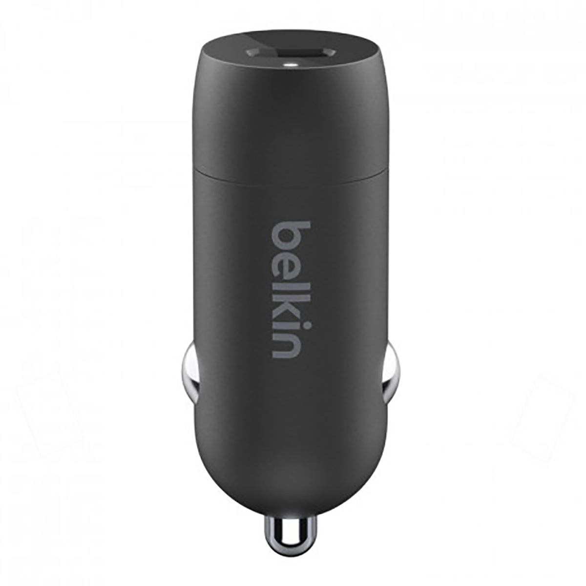 Un caricabatteria per auto Belkin nero. È cilindrico con una porta USB in alto e un anello di metallo alla base.