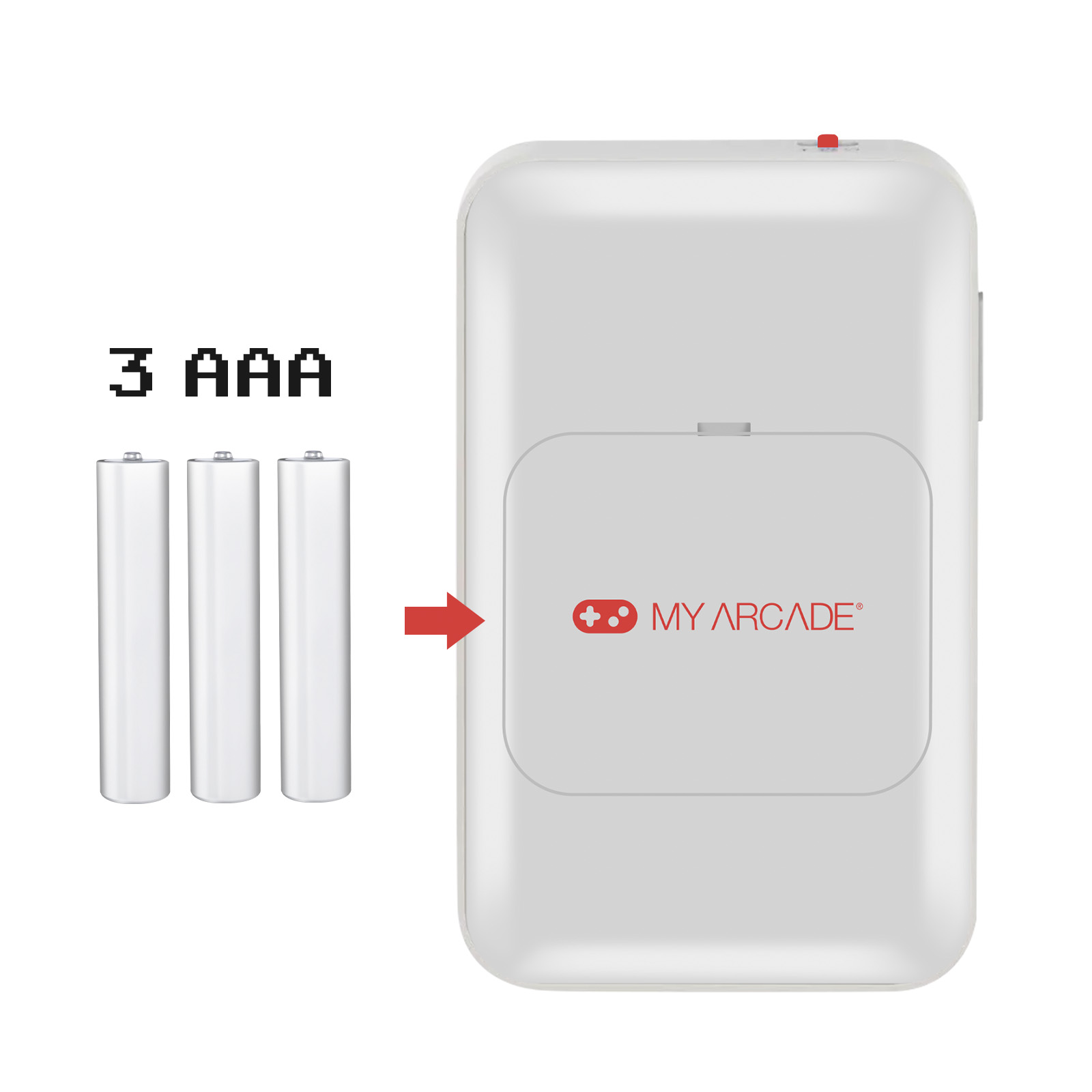 Tres pilas AAA y una consola de juegos blanca con un compartimento de pilas etiquetado 'My Arcade'.